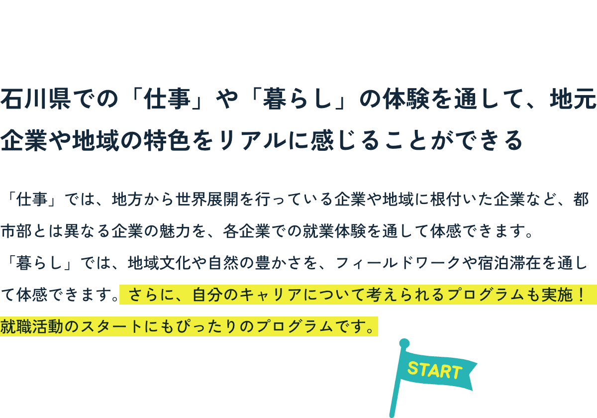 石川県での「仕事」や「暮らし」の体験を通して、地元企業や地域の特色をリアルに感じることができる。自分のキャリアについて考えられるプログラムも実施!就職活動のスタートにもぴったりのプログラムです。